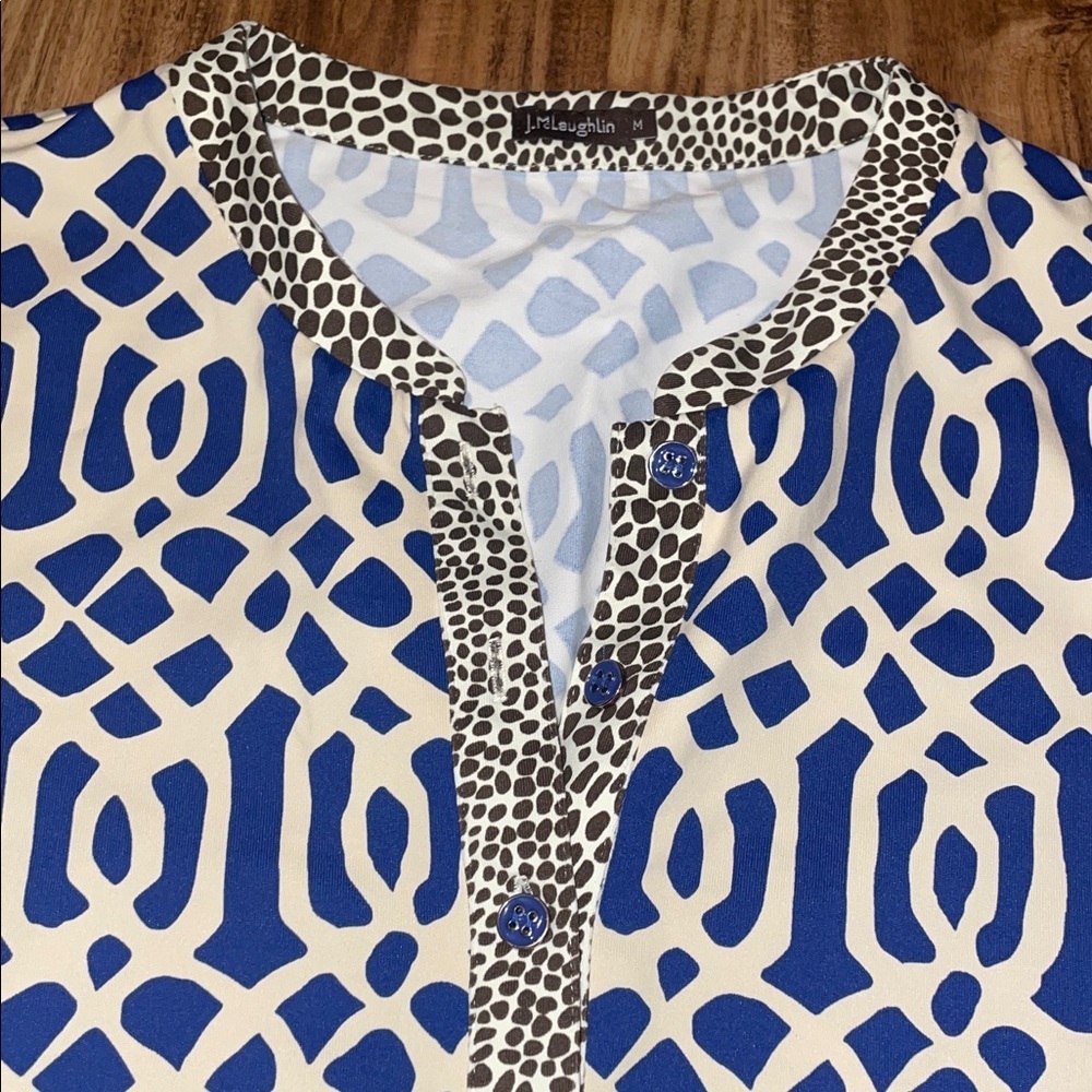 J. McLaughlin women’s medium 8 10 blouse top tunic Blue cream brown pattern - Picture 2 of 9